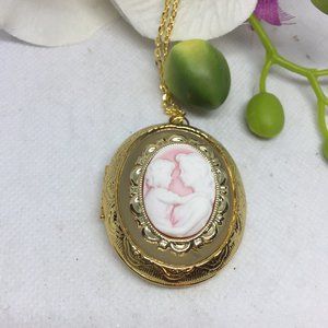 Pink and White Cameo Locket Mother Child Necklace